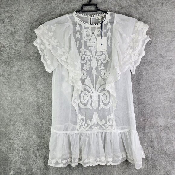 Womens White Stellah Blouse Top Lace Flutter Ruffle Sleeve Relaxed Embroidered M - Picture 2 of 12